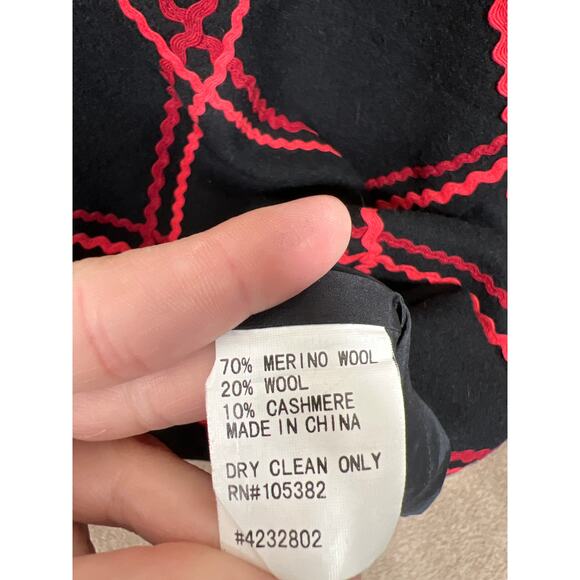 Tocca Black Wool Cashmere Slip Dress with Multi Colored Red Rickrack Detail 4 - Picture 7 of 7